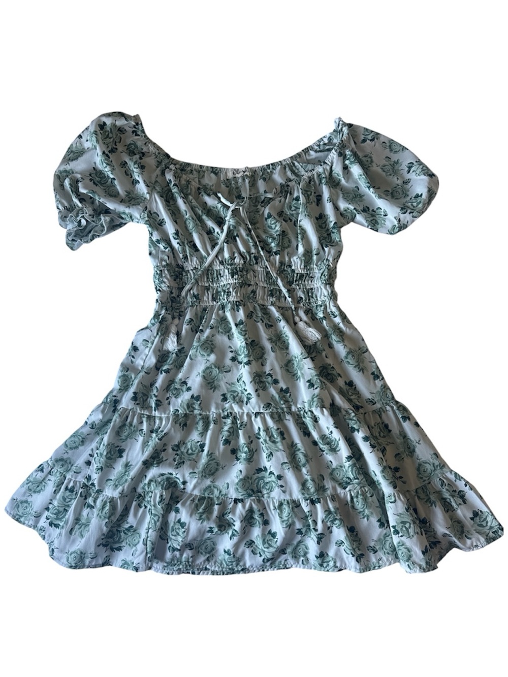 Blush White and Green Floral Off-Shoulder Smocked Tiered Dress